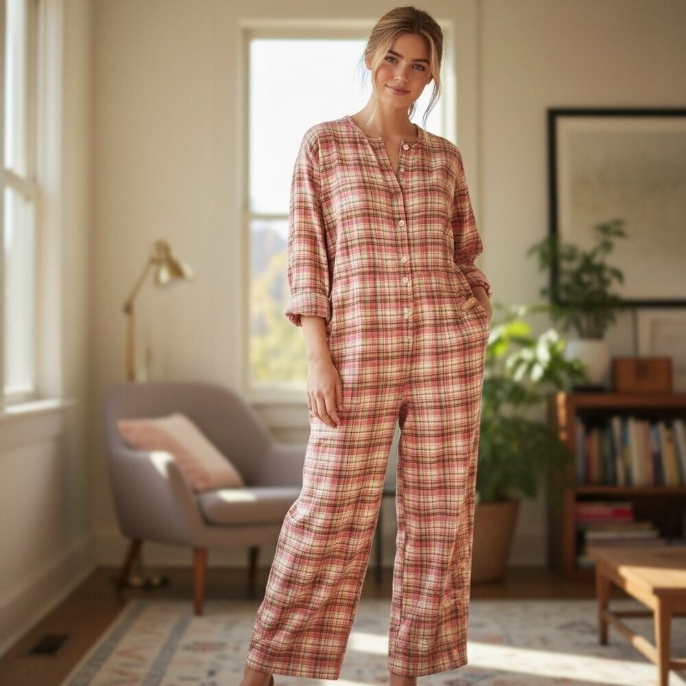 J.Crew Cotton Flannel Plaid Pajama Jumpsuit Pink Tan Cozy One-Piece Size S